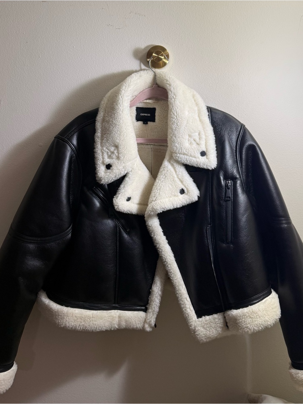 Express Black Faux Leather Jacket with Cream Shearling Trim